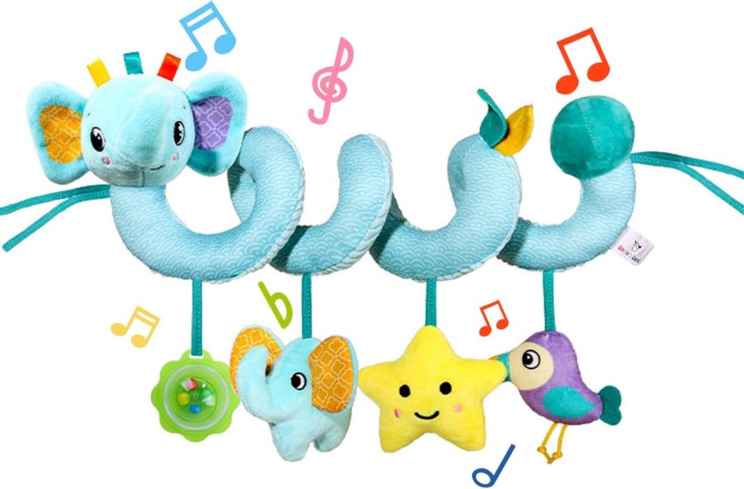 Car Seat & Stroller Toys for Boys Girls 0 3 6 9 Months,Infant Activity Spiral Hanging Plush Toys,Hanging Rattle Toys for Crib Mobile with Rattles and Squeaker for Baby Shower Thank You Gift (Blue)