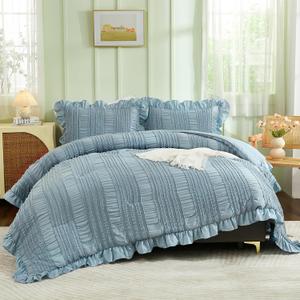 WONGS BEDDING Blue Comforter Set Queen,3 Pieces Ruffle Farmhouse Shabby Chic Boho Comforter for Queen Bed,Soft Seersucker Textured Bedding Set with 1 Ruffle Comforter,2 Tufted Pillowcases 90"90"