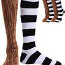 2 Pair Pirate Costume Accessories Wood Grain Pattern and Stripes Peg Leg Socks for Adults Halloween Cosplay Party (Brown,white.black)