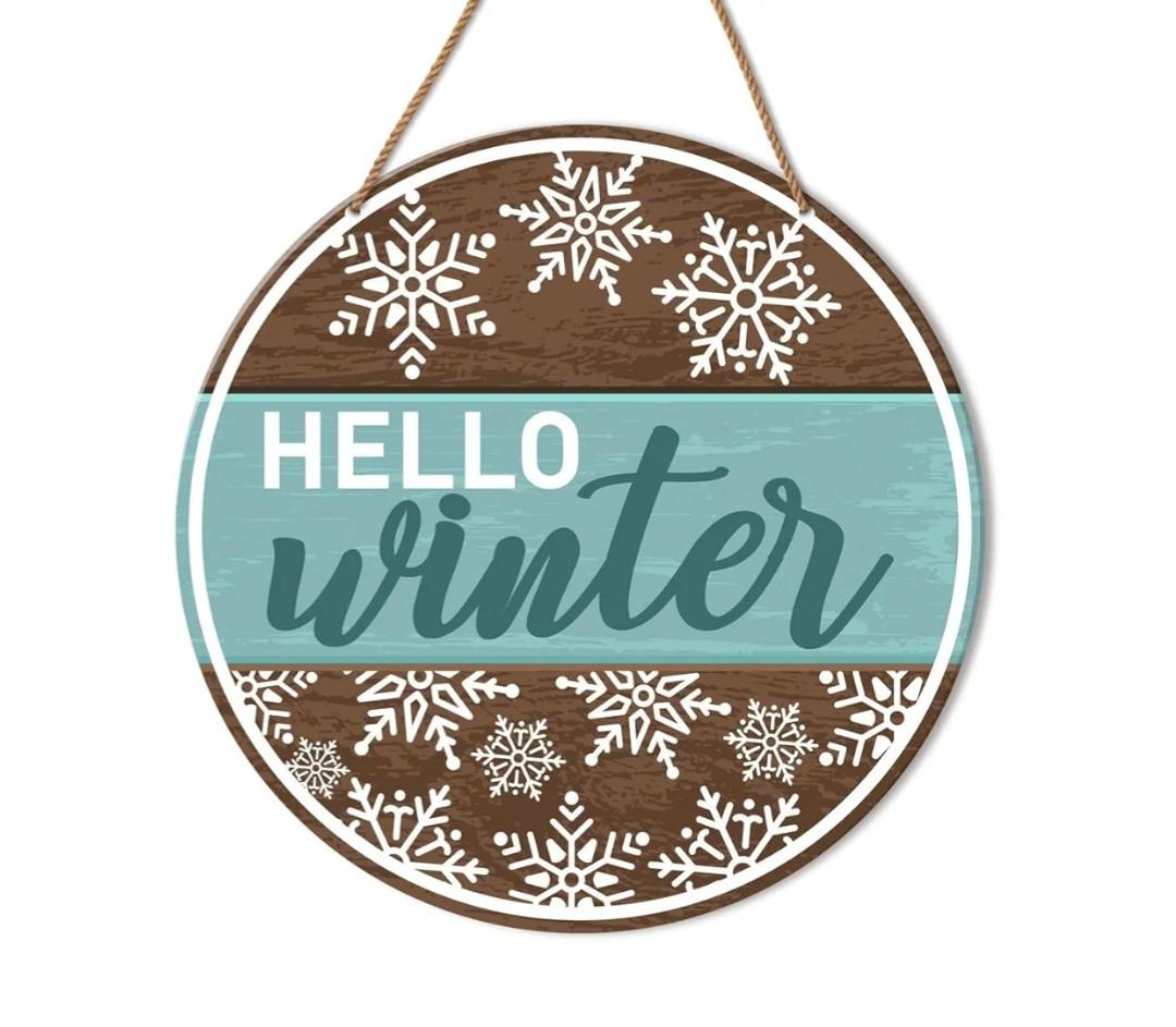 HSNBT Hello Winter Door Sign, Winter Christmas Welcome Sign for Front Door Porch Home Decor Farmhouse Snowflake Xmas Holiday Hanging Sign Christmas Wooden Wall Decorations