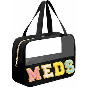 JOJOPOLLO Chenille Letter MEDS Bag Clear Medical Medicine bag for Traveling Preppy Emergency Patch Bag with Handle and Zipper Waterproof Nylon Portable Makeup Bag for Women