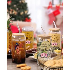 Yipaidel Grandma Rainbow 16oz Glass Tumbler with Bamboo Lid & Straw, Beer Can Shaped Iced Coffee & Drinking, Inspirational Sunshine Gifts for Mom, Wife, Best Friend - Christmas, Birthday Presents