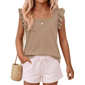 3 x Xaatren Girls' Ruffle Sleeve Tank | Square Neck Tops, Loose Fit, Summer, Kids, Teen, Casual, Basic, Solid, Cute, Sleeveless Shirts, Breathable, Vacations, 5-14Y