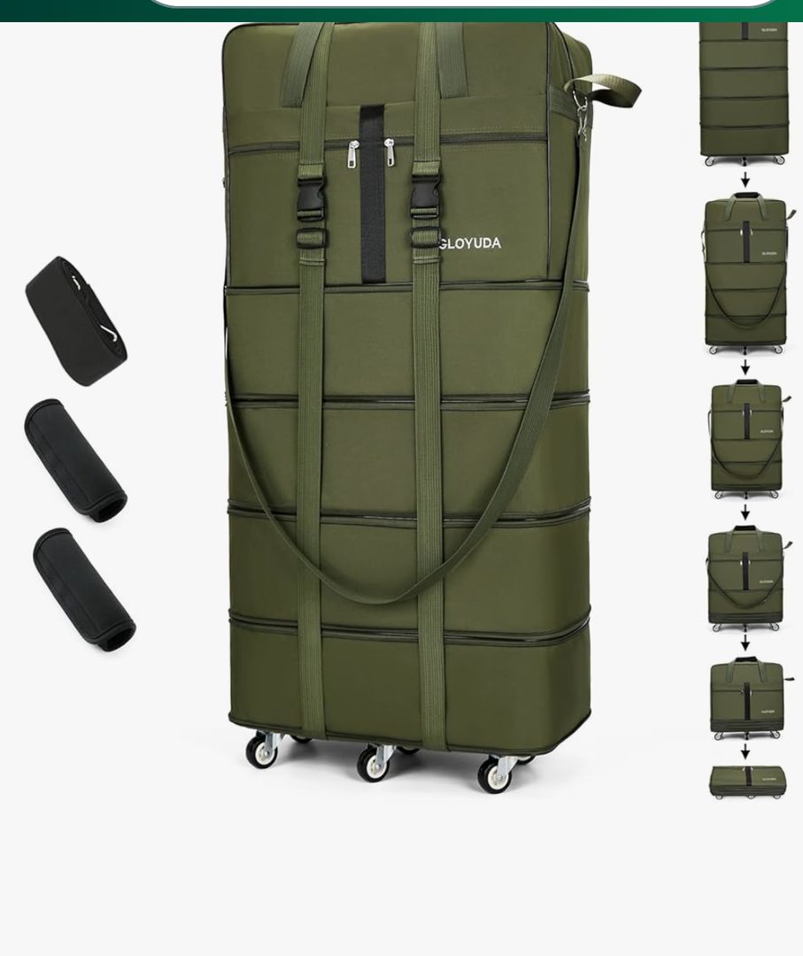 Brand: Gloyuda Expandable Foldable Luggage, 42'' Suitcase With Spinner Wheels, Rolling Duffle Bag with Wheels and Handle, Collapsible Luggage, With 2 Handle Wrap and 2 Fixing Straps, 1 Shoulder Strap (Green