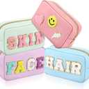 Sanwuta 4 Pcs Hair Face Skin Travel Bag Set Preppy Makeup Pouch PU Leather Skincare Bag Waterproof Cosmetic Organizer Birthday Christmas Gifts(Blue, Pink, Green, Purple,Fresh Style)