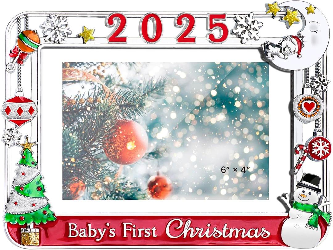 Baby's First Christmas Sentiment Metal Picture Frame for 4x6 Photo Frame HD Glass Display Christmas Decorations (2025 Merry Christmas)