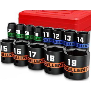 13 Pieces 3/8-Inch Drive Impact Socket Set, 7-19mm Shallow Socket, 6 Point Metric Sockets for Automotive Repair, Equipment Maintenance