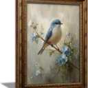 Gold Framed Bird Canvas Wall Art Vintage Blue Sparrow Painting Picture Wall Decor Pictures Sparrow on Branch Poster Print Artwork for Corridor Classroom Bedroom Kitchen Home Decoration, 24"L x 16"W