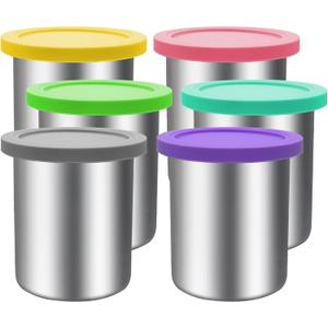 Stainless Steel Pint Containers & Lids Compatible with Ninja Creami ice Cream Maker NC500, NC501, CN501CO Delux Series 6 Pack, 24 oz, Silicone Lids, BPA-Free, Dishwasher Safe