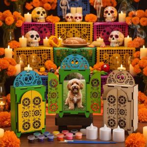 Chunful 3 Set Dia De Los Muertos Ofrenda Altar Decorations, Day of The Dead Wooden Shadow Box with Picture Frame, LED Candle Lights & Painting Kit for DIY Altar Ofrenda Remembrance Supplies