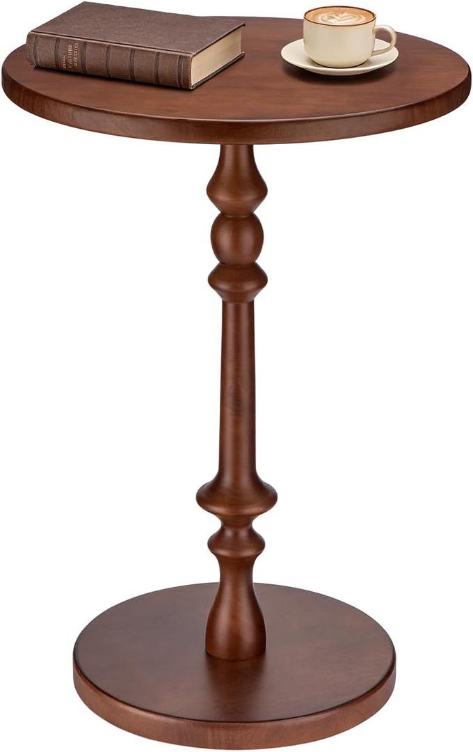 Solid Wood Round Side Table, 15.75" Small Drink Table with Non-Slip Pedestal Base, Modern End Table Accent Table for Living Room and Bedroom, Brown