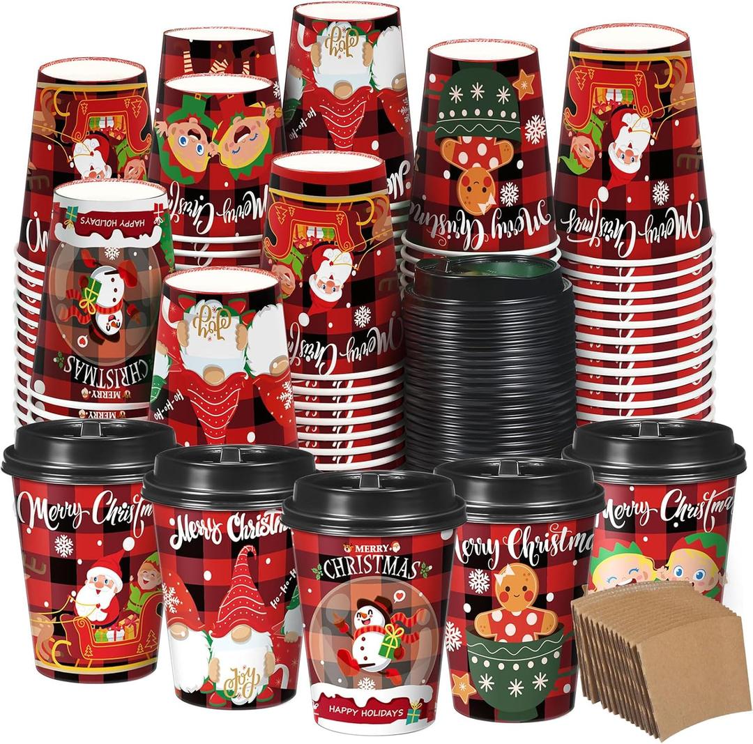 Layhit 100 Set Christmas Paper Coffee Cups with Sleeves Lids 12 Oz Xmas Disposable Party Cup Red Green Christmas Tree Hot Cocoa Cups for Christmas Winter Holiday Drinkware Supplies (Plaid)