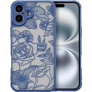 XIZYO for iPhone 16 Case, Floral Rose Cute Phone Case for Women Girls Aesthetic Pattern Print Slim TPU Bumper Shockproof Protective Cover for iPhone 16 6.1 Inch, Deep Blue