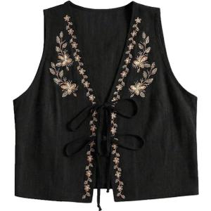 WDIRARA Women's Boho Floral Embroidery V Neck Tank Top Tie Front Sleeveless Tops Black, Large
