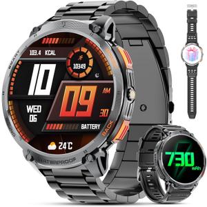 Military Smart Watches for Men, 1.85" HD Large Screen Smart Watch, Flashlight/730mAh/110+ Sports Modes Fitness Tracker Watch, Waterproof Mens Smart Watch for Android Phones iPhone Compatible (Darkness)