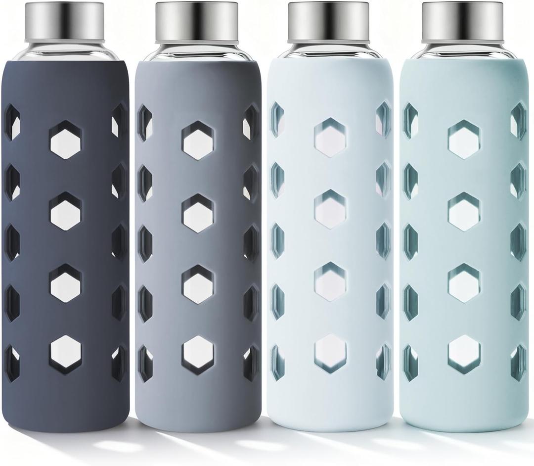 Mrsdry Glass Juice Bottles with Lids and Silicone Sleeves 18 oz, 4-Pack Reusable Clear Glass Water Bottles with Stainless Steel Airtight Cap for Juicing, Refrigerator, BPA Free Leak-Proof Drinking Jar (Gray)