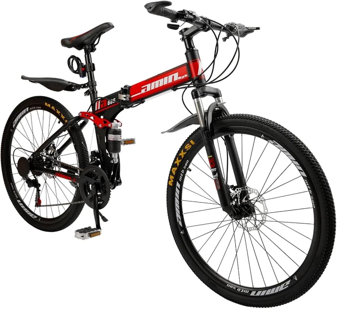 Bruce & Shark 26" Folding Mountain Bike for Men, 21 Speeds Full Suspension Commuter Bicycle, High Carbon Steel & Disc Brakes, Portable City Outdoor Bike for Adult Youth Teen