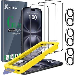3 x Ferilinso [Auto Dust Install] 3 Pack Screen Protector for iPhone 16 Plus [Phone Case fit], 3 Tempered Glass Camera Lens Protector Accessories for Apple