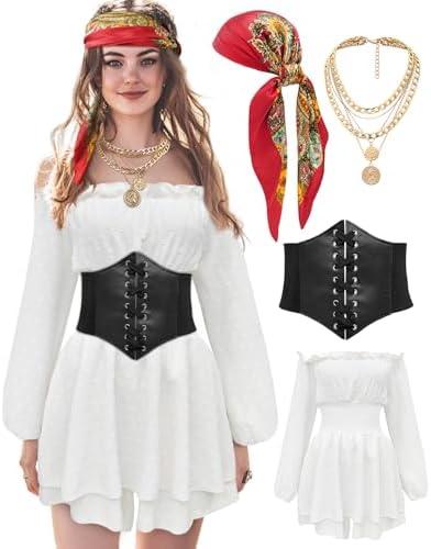 minkasic Women Pirate Costume Dress with Corset Accessories Long Sleeve Romper Short Off Shoulder Dress, Size M