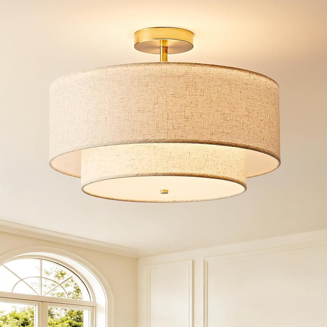 16" Double Drum Semi Flush Mount Ceiling Light, 3-Light Classic Fabric Linen Shade Design Farmhouse Gold Light Fixture for Living Room, Bedroom, Kitchen, Dining Room, Entryway, Hallway