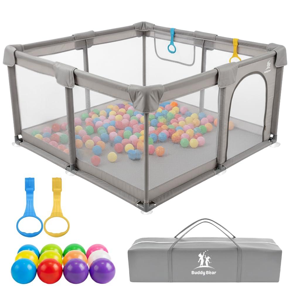 Baby Playpen for Babies & Toddlers, Large Playpen with Breathable Mesh, Anti-Slip Suction Cups, Zipper Door, Portable Indoor Outdoor Baby Play Yard with Balls & Storage Bag