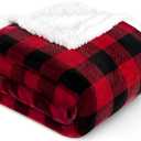 PAVILIA Buffalo Check Sherpa Blanket Throw Queen,Red Black Checkered Flannel Fleece Blanket,Christmas Plaid Warm Plush Microfiber Blanket for Couch Sofa,90x90 Inches