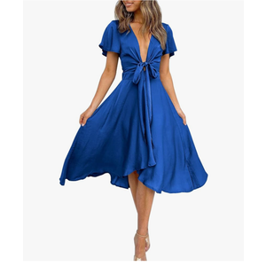 miduo Womens Satin V Neck Ruffle Short Sleeve Tie Front High Waist Midi A-Line Maxi Dresses Medium