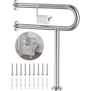 Toilet Grab Bar with Leg 24x28 Inch, ZUEXT Brushed Nickel Knurled Toilet Support Bar with Toilet Paper Holder, Stainless Steel Wall & Floor Mounted Bathroom Support Rail for Elderly Disabled Pregnant