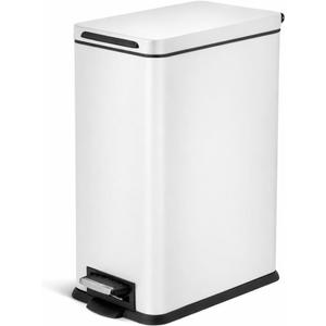 Home Zone Living 8 Gallon Slim Kitchen Trash Can with Soft Close Lid, Step Pedal, Bag Tuck Band, and Removable Liner, Stainless Steel, Matte White, 30 Liters