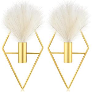 Peryiter 2 Pcs Boho Wall Decor Metal Gold Wall Art Hanging Planters with Artificial Pampas Modern Home Decor Display Art for Living Room Bedroom Bathroom(Rhombus)