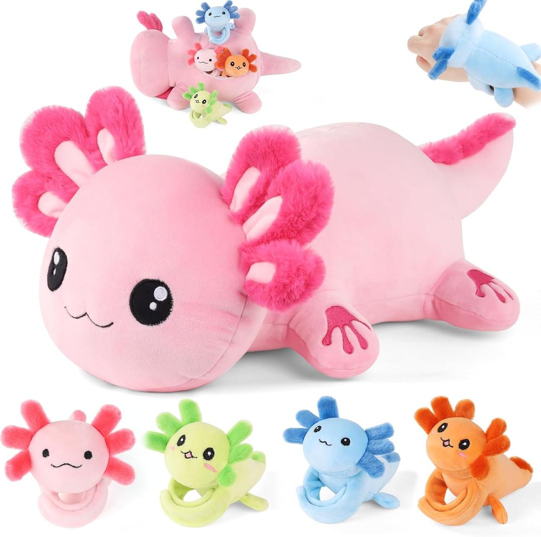 5 Pcs Axolotl Plush Toys for Girls Boys - 18.5" Mommy Axolotl Toy with 4 Baby Axolotls Stuffed Animal Inside, Pink Stuffed Axolotl Salamander Plush Pillow Gift for Kids Christmas Birthday