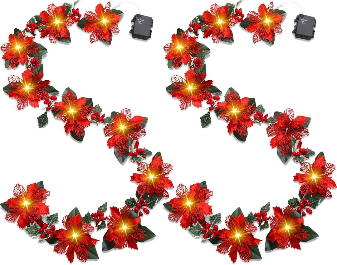 2 Pcs Christmas Glitter Artificial Poinsettia Garland 6.5 ft 10 LEDs Faux Flower Xmas String Lights Poinsettia Garland with Lights Gold Berries Holly Leaves for Indoor Outdoor Decor (Red)