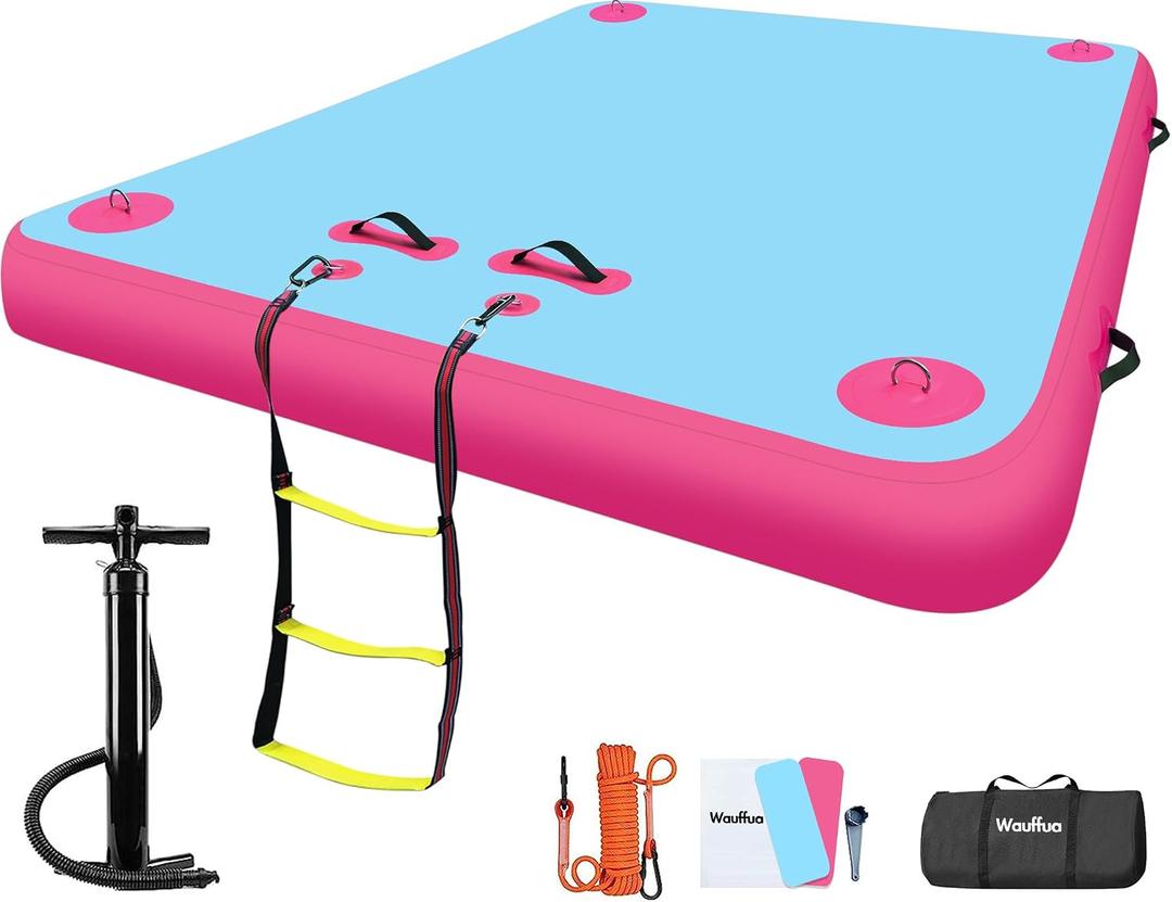 Wauffua Inflatable Floating Dock for Lakes, Thick Lake Floats for Adults,  Knockout Pink+Cyan, 5 ft x 6 ft x 6"