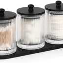 eggs sound 3 Pack Qtip Holder - Bathroom Organizers and Storage, Cotton Round Holder Floss Pick Cotton Ball Swab Holder with Tray, Glass Apothecary Jars with Lids Container Set -sw clear b