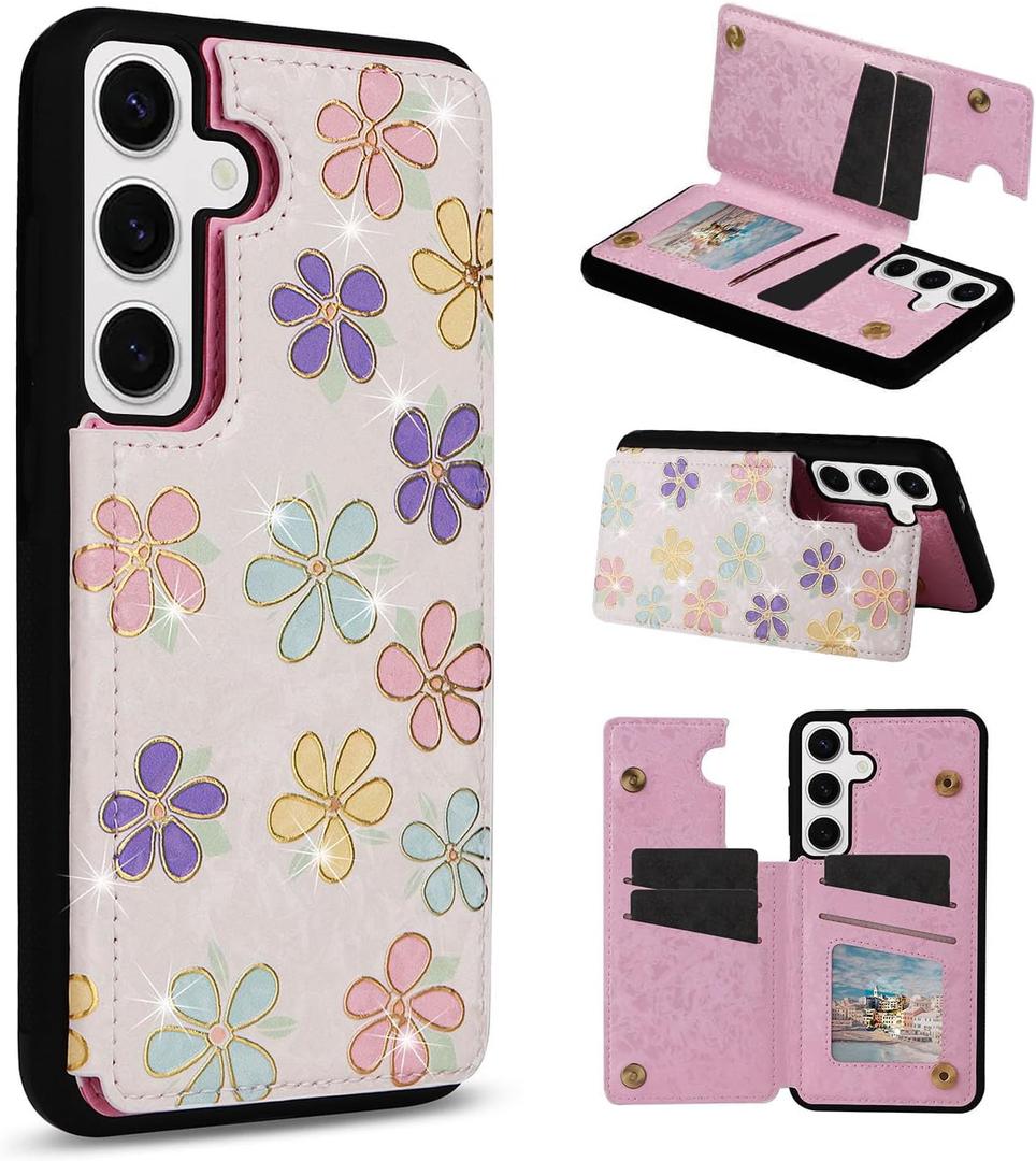 UEEBAI Wallet Case for Samsung Galaxy S25 5G with Card Holders, PU Leather Cover Kickstand RFID Blocking Double Magnetic Clasp Rilievo Flower Shockproof Flip Case for Women Girls - White Daisy