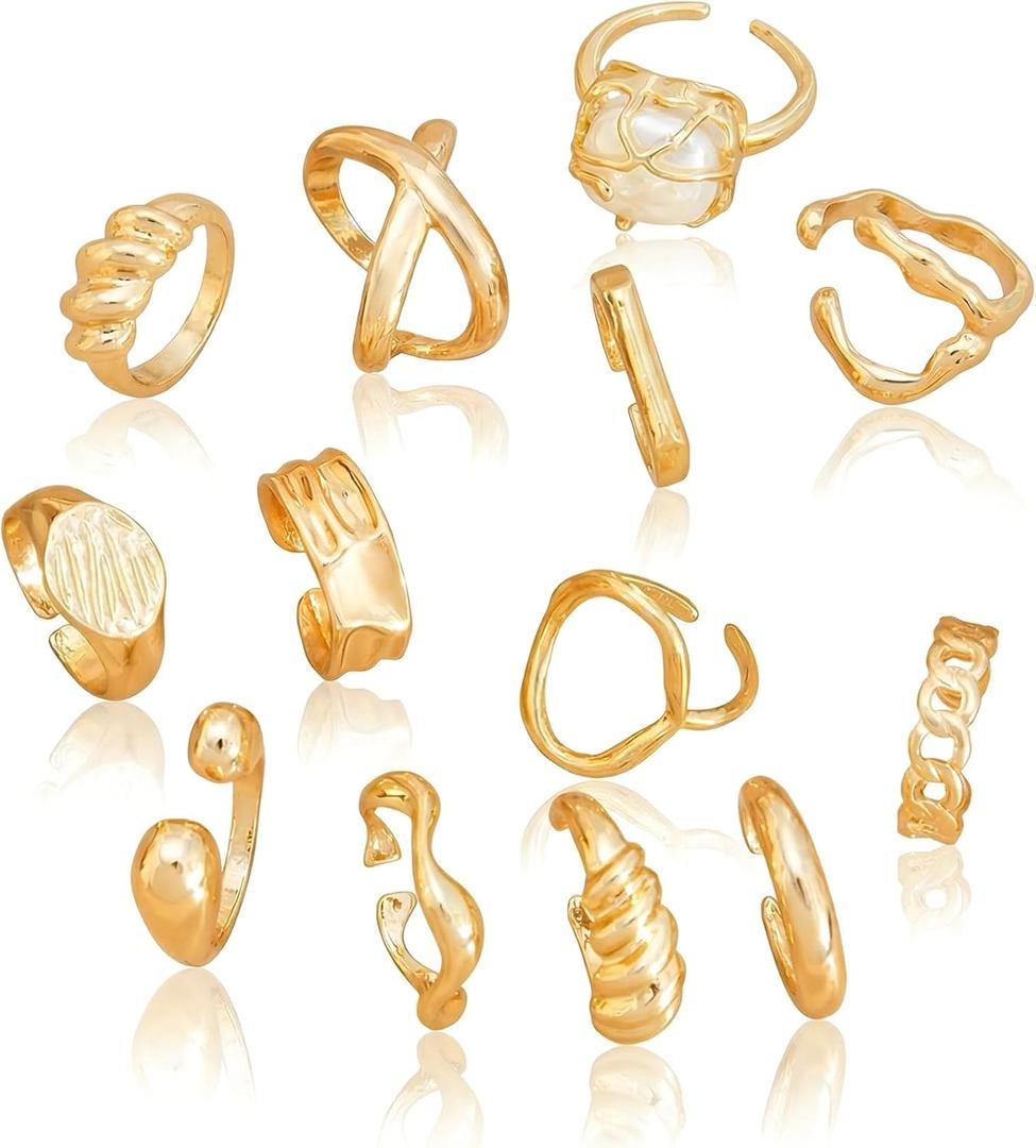 RINHOO FRIENDSHIP Gold Chunky Rings Set for Women 14K Gold Plated Dome Chunky Twisted Signet Stackable Rings Open Ring Band Statement Jewelry