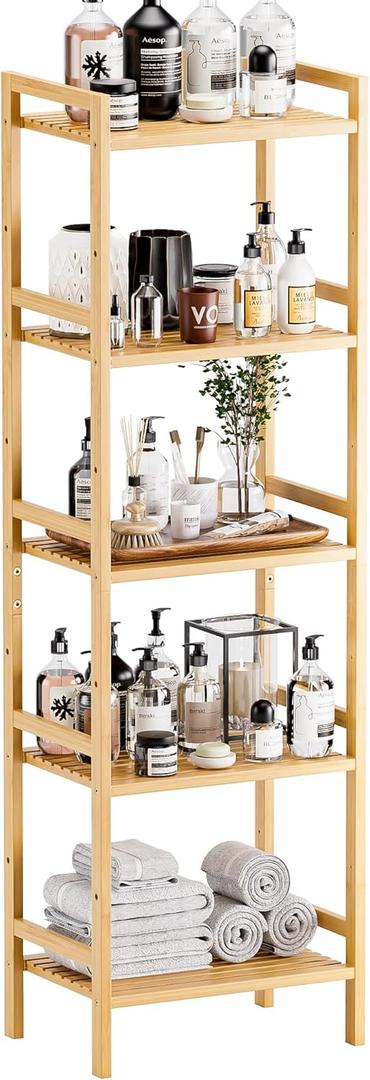 HITNET Tall Narrow Bookshelf, 5 Tier Bathroom Shelf Bamboo, Floor Standing Display Storage Organizer for Small Space, Adjustable Shelves, Natural Wood Bookcase