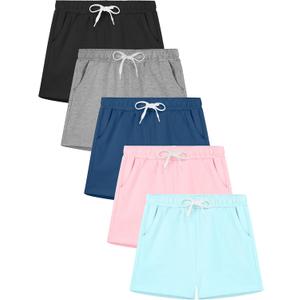 Poroka 5 Pack Girls Athletic Shorts Active Performance Shorts Kids Summer Sports Running Yoga Short with Drawstring Black, Grey, Navy, Pink, Blue, 12-14 Years