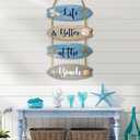 Wooden Surfboard Beach Decor Sign Beach Bathroom Decor Sign Summer Blue Nautical Coastal Wall Art with Seashells Starfish Rope Hanger Ocean Theme Hanging Ornament for Living Room Bedroom