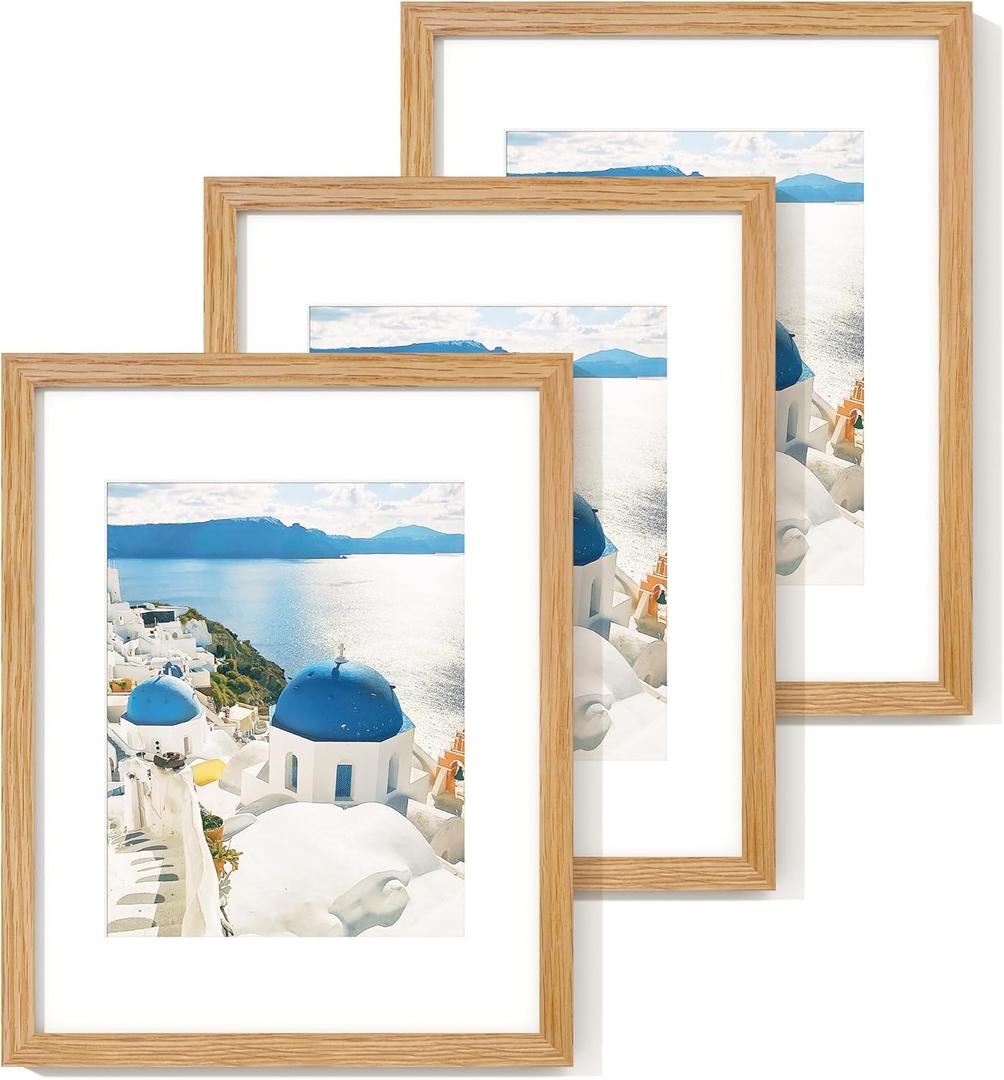 Axeman 11x14 Picture Frame Set of 3 - Solid Oak Frame 11 x 14 Matted to 8x10 - Rounded Corner 14x11 Photo Frame with Tempered Glass - Oak Wood Picture Frame for Wall Mount Display