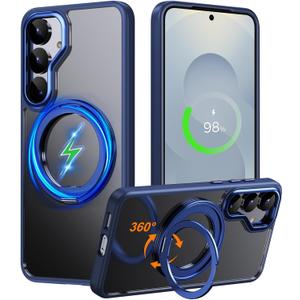 Compatible with Samsung Galaxy S25 Case 360 Invisible Ring Stand Magnetic Case [Compatible with Magsafe][Military Drop Protection] Anti-Fingerprint Shockproof Translucent Design for S25Navy Blue