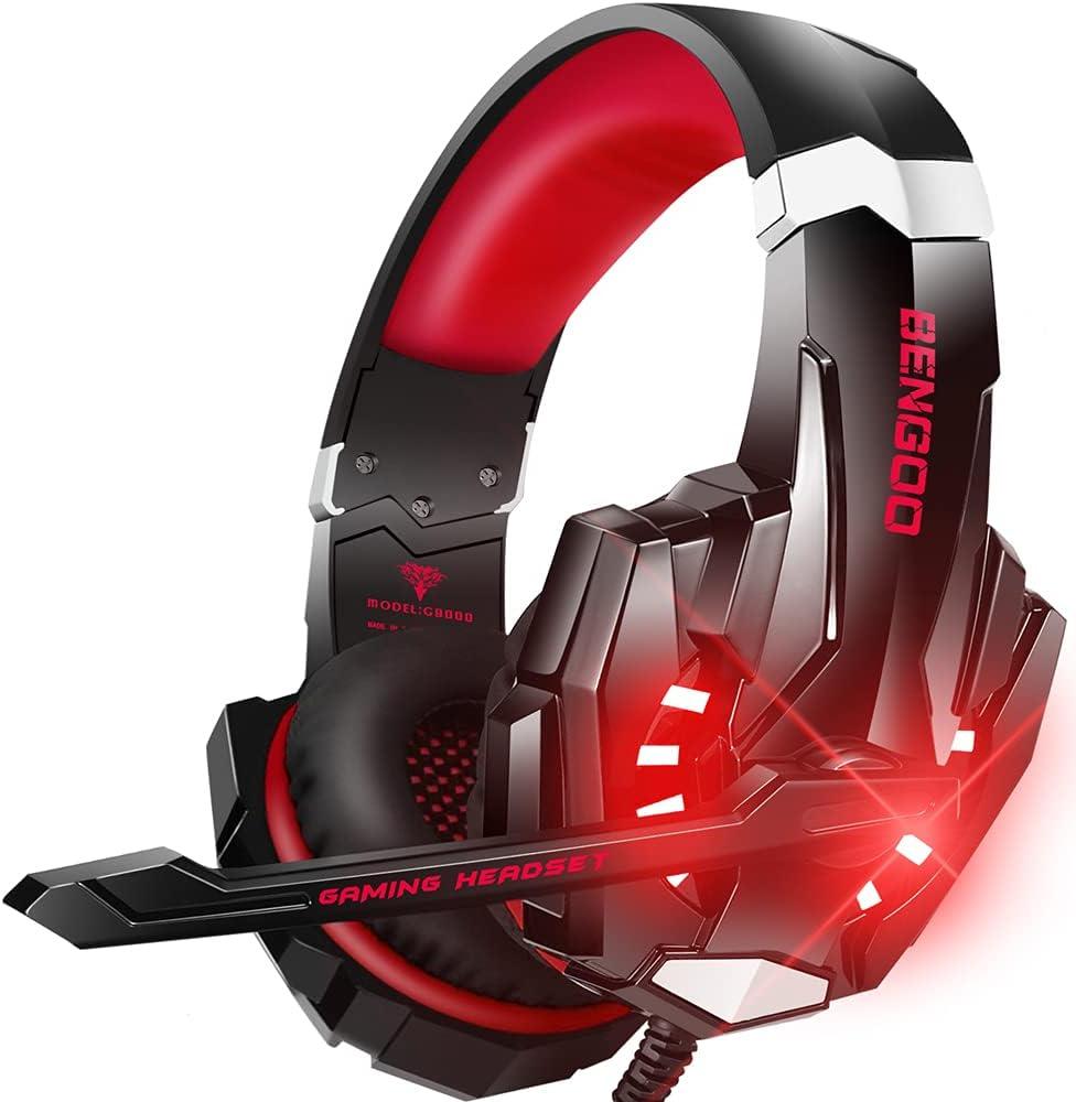 BENGOO Stereo Pro Gaming Headset for PS4, PC, Xbox One Controller, Noise Cancelling Over Ear Headphones with Mic, LED Light, Bass Surround, Soft Memory Earmuffs for Laptop Mac Wii Accessory Kits (Red)