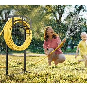 Fire Beauty Heavy-Duty Portable Garden Hose Holder with Storage Basket,120+ lbs Capacity, Holds 180ft 1/2" Hose,Dual Support Rods & Rustproof Screws,Modern Geometric Design