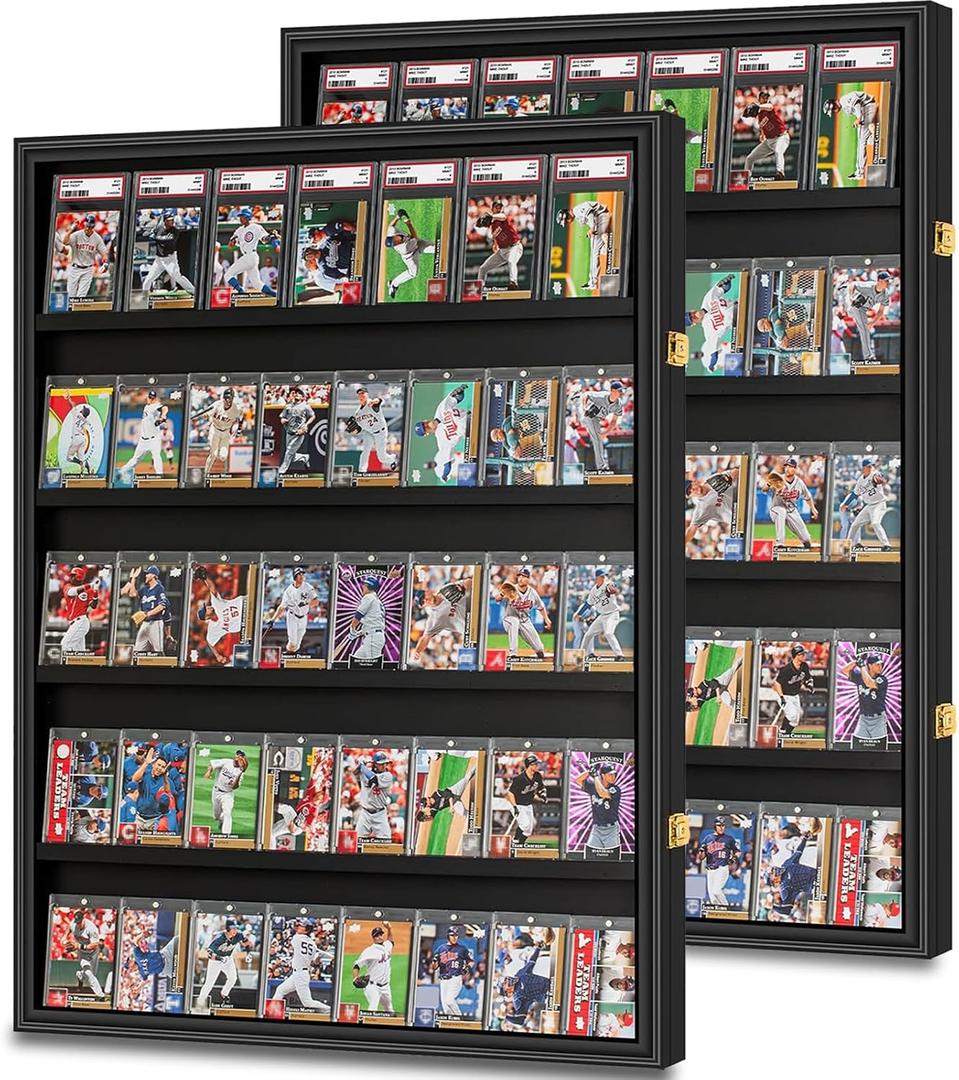 GYaozii 2Pack 40 Large Baseball Card Display Case Graded Sports Card Display Frame Trading Cards Wooden Wall Cabinet with UV Protection Acrylic, The overall dimension of the case is 24IN W x 31IN H x 2.75IN D, the height of each row is 6 IN.