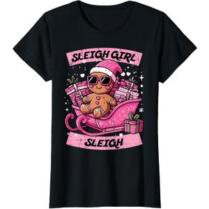 Christmas Gingerbread Pink Sleigh Girl Xmas Girls Kids Women T-Shirt M