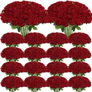 400 Pcs Fake Roses - Red Roses Artificial Flowers Bulk with Long Stems Velvet Real Look Faux Flower for DIY Bridal Bouquet Wedding Home Table Centerpieces Floral Arrangements Decor