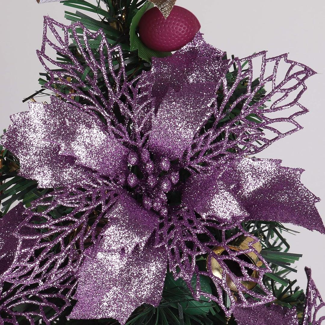 RECUTMS 10 Packs Christmas Glitter Poinsettia Flowers Artificial Christmas Flowers Decorations Wedding Xmas Tree New Year Ornaments Xmas Garland Wreath DIY Decorations Supplies(Light Purple)