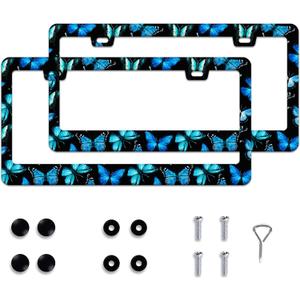 Butterfly License Plate Frames for Women Men 2 Pack Cute Blue License Plate Cover with Screws for Stainless Steel Car Decoration Accessories