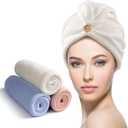 YFONG 3 Pack Microfiber Hair Towel Wrap for Women, Rapid Drying Towels for Hair with Button,Super Absorbent Hair Turbans for Wet Hair Long Thick Curly Hair (Blue, Pink, White)