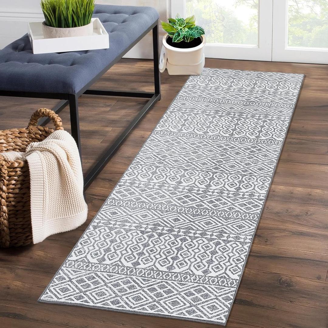 Zacoo Runner Rug Non Slip 2x6 Throw Rugs with Rubber Backing Washable Rugs Kitchen Rugs Geometric Rug Soft No Shedding Floor Mats Modern Area Rug for Hallways Entry Rug |Grey 2'x8'